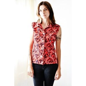 Vintage 70s Sleeveless Button Down Women M Red Excellent Botanical Polka Dot Top